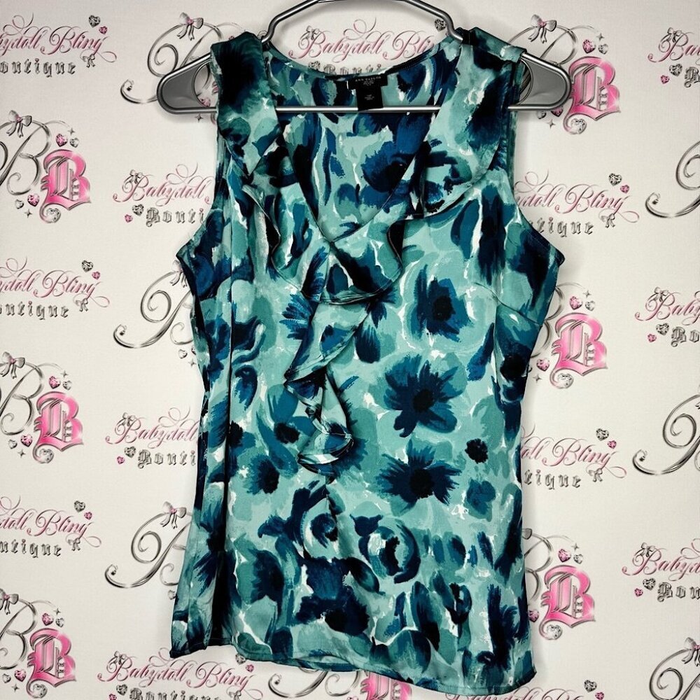 Ann Taylor tank top ruffle frilly Floral Sleeveless Blouse in Blue and Green